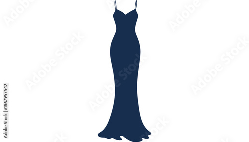 A navy blue evening gown silhouette with a sweetheart neckline and spaghetti straps