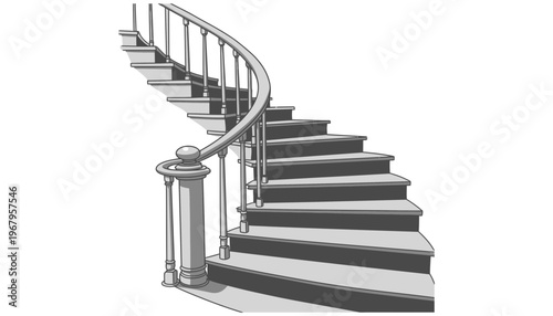 Staircase vector illustration with curved railing and balustrade