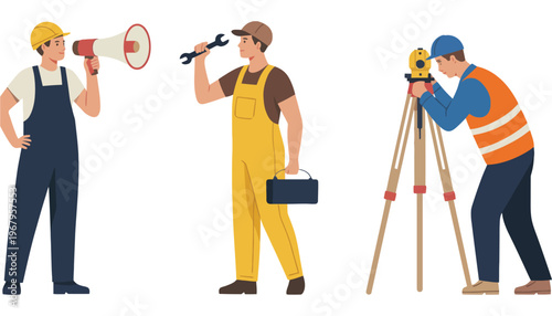 Worker men in different professions with tools and equipment illustration