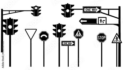 Traffic signs and signals illustration in black and white vector format