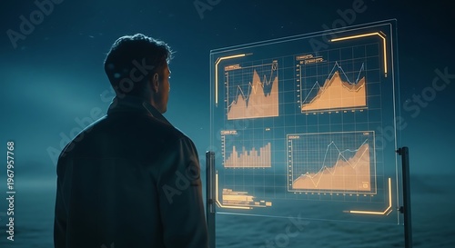 Businessman analyzing data, financial graphs, stock market trends, futuristic interface