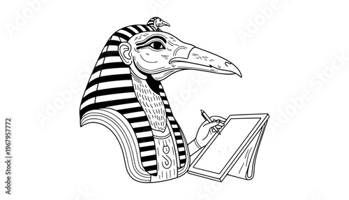An egyptian ibis bird wearing a pharaoh headdress and writing on a tablet