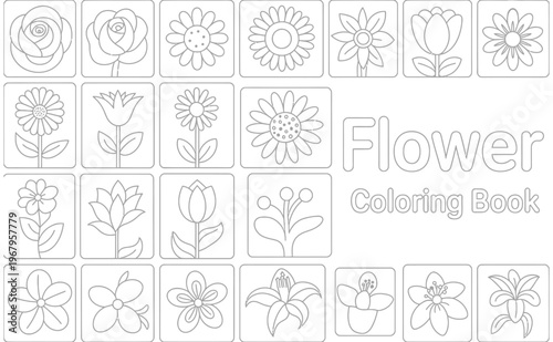 A collection of various simple flower illustrations designed for a children coloring book page