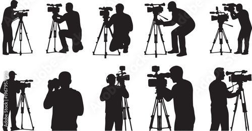 Silhouettes of photographers at work with cameras on tripods