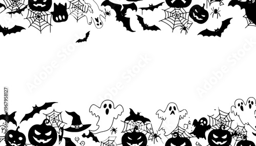A Halloween themed border illustration with spooky silhouettes and icons