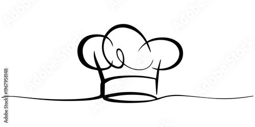 Minimalist chef hat one line art with flowing ribbon, One single line drawing of chef hat or cap for restaurant vector graphic illustration. Elegant cafe badge concept. Modern continuous line draw pro