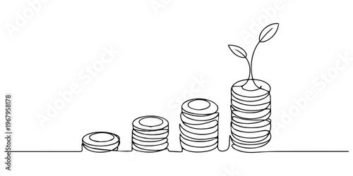 Coins stack with leaves branch continuous one line drawing. Business investing concept. Vector illustration isolated on white, Money plant continuous single line drawing. Growing coin tree symbol, pro
