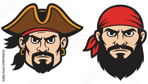 Pirate cartoon characters with different facial expressions and headgear