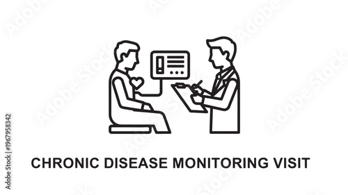 A doctor discusses a patient's chronic condition, with data displayed on a monitor during a medical examination. This illustration is ideal for healthcare, medical education, and hospital marketing.