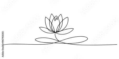 Minimalist lotus flower line art on white background. No editable stroke, Continuous one line drawing of a lotus flower with many petals. Drawing of a floral plant with editable black stroke on white.