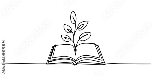 Opened book with branch of leaves corner frame, Opened book with sprout plant in one continuous line drawing . Education study and knowledge concept in simple linear style. Growing wisdom in editable.