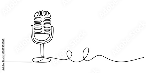 Vintage microphone continuous one line art vector illustration, A line of podcast and music microphones. Vintage old microphone in simple linear style for banner music, news, webinar, online training.