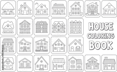 Collection of various residential house illustrations for a creative kids coloring book page