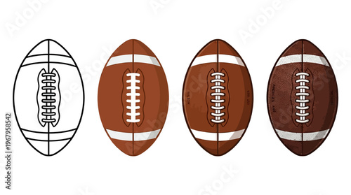 Vector Illustrations of American Footballs Showing Outline, Colored, Shaded, and Realistic Styles with Stitching Detail, Sports Equipment Graphic Art, Athletic Game Design