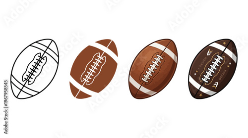 Vector Illustrations of American Footballs Showing Outline, Colored, Shaded, and Realistic Styles with Stitching Detail, Sports Equipment Graphic Art, Athletic Game Design