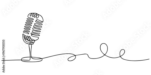 Vintage microphone continuous one line art vector illustration, A line of podcast and music microphones. Vintage old microphone in simple linear style for banner music, news, webinar, online training.