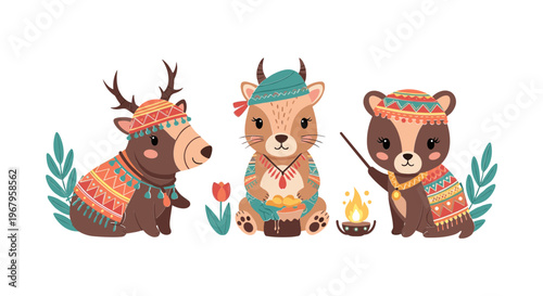 Cartoon Animals Camping Together in Forest.