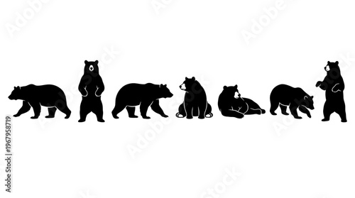 Vector Silhouettes of Bears in Various Poses Including Walking, Standing, Sitting, Lying Down, Wildlife Animal Illustration, Nature Design, Forest Creature Behavior Representation