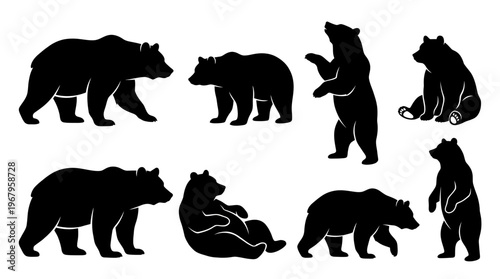 Vector Silhouettes of Bears in Various Poses Including Walking, Standing, Sitting, Lying Down, Wildlife Animal Illustration, Nature Design, Forest Creature Behavior Representation