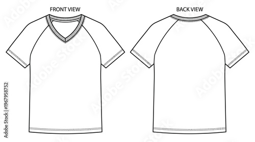 Vector Technical Drawing of Short-Sleeved V-Neck T-Shirt Front and Back Views with Raglan Sleeves, Central Seam, Apparel Fashion Design, Garment Pattern Illustration