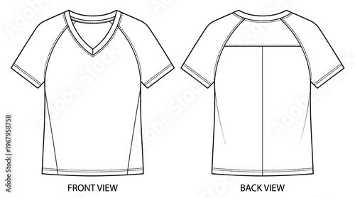 Vector Technical Drawing of Short-Sleeved V-Neck T-Shirt Front and Back Views with Raglan Sleeves, Central Seam, Apparel Fashion Design, Garment Pattern Illustration