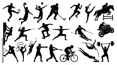 Dynamic Vector Silhouettes of Diverse Sports Activities Including Soccer, Basketball, Volleyball, Swimming, Cycling, Gymnastics, Skiing, Running, Horse Riding, Weightlifting, Hockey, Tennis, Rowing, M