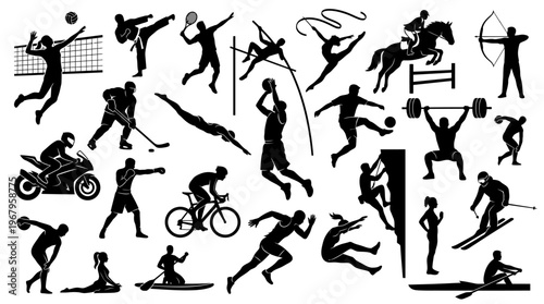 Dynamic Vector Silhouettes of Diverse Sports Activities Including Soccer, Basketball, Volleyball, Swimming, Cycling, Gymnastics, Skiing, Running, Horse Riding, Weightlifting, Hockey, Tennis, Rowing, M