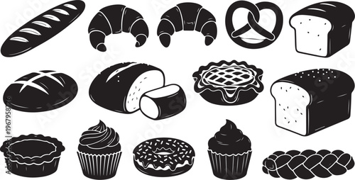Variety of baked goods and desserts in black and white
