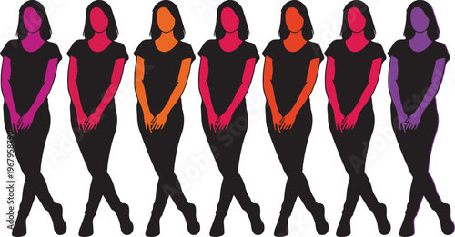 Seven female figures in silhouette, with colorful abstract shapes highlighting their torsos in vibrant shades of purple, pink, orange, and red, symbolizing individuality.