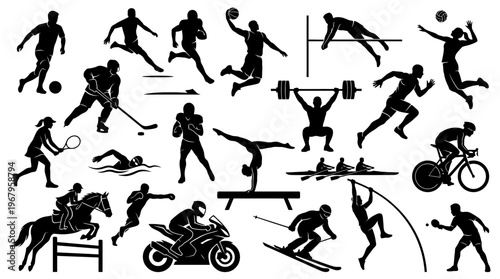 Dynamic Vector Silhouettes of Diverse Sports Activities Including Soccer, Basketball, Volleyball, Swimming, Cycling, Gymnastics, Skiing, Running, Horse Riding, Weightlifting, Hockey, Tennis, Rowing, M