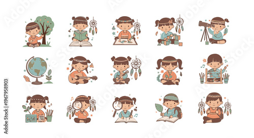 Cartoon Girl in Various Activities and Outfits.