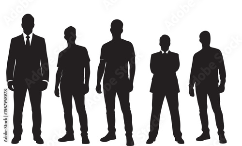 A collection of five diverse male silhouettes, showcasing various body types and fashion styles, from sharp business suits to casual modern wear, presented as bold black vector.