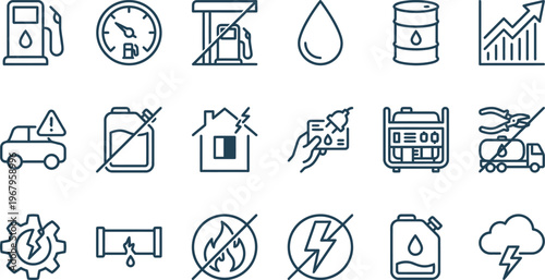 Collection of linear icons representing energy crisis, fuel shortages, power outages, and rising utility costs.