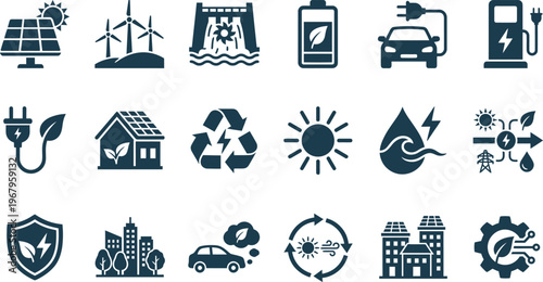 A visually appealing collection of eco-friendly energy and environmental sustainability vector icons for modern design.