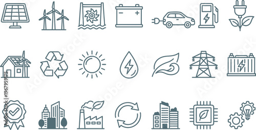 A comprehensive collection of line icons representing renewable energy sources, sustainability, and eco-friendly technology solutions.