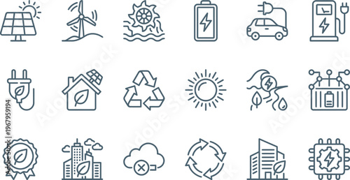 Line icons set featuring renewable energy, electric vehicles, sustainable living, and environmental protection.
