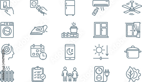 Modern outline icons for smart home technology, energy management, and daily domestic life applications.