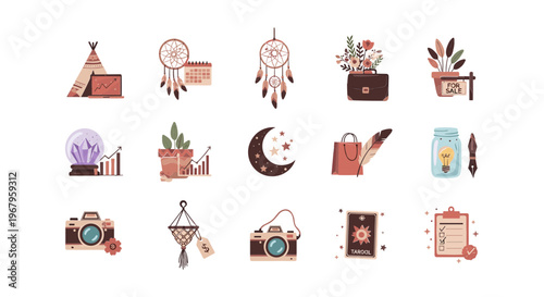 Collection of Boho Chic Travel Icons.