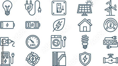 A collection of outline icons representing various aspects of energy, electricity, power, and environmental sustainability.