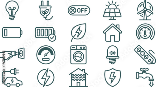 Minimalist vector line icons showcasing electricity, energy, renewable power, sustainable solutions, and smart home applications.