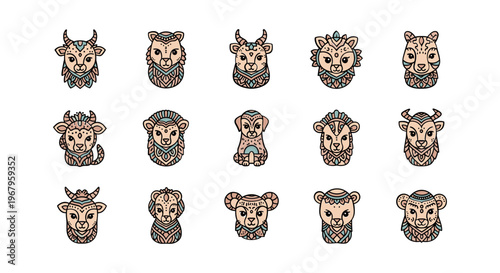 Collection of Cartoon Animal Heads with Expressions.
