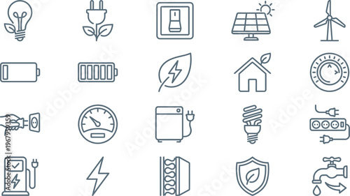 A comprehensive collection of outline icons symbolizing various aspects of energy, electricity, and environmental conservation.