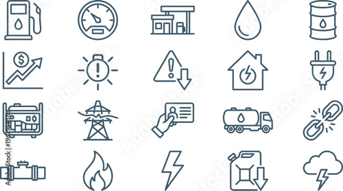 A comprehensive collection of line icons representing various energy, fuel, power, and utility concepts for modern design.