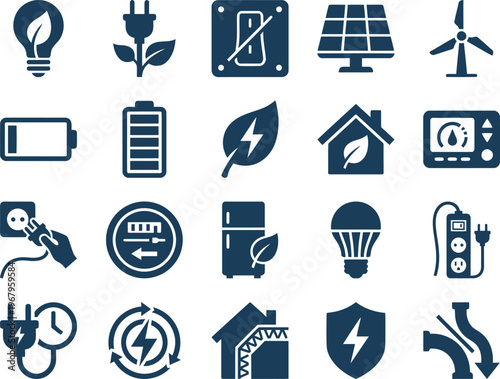 A comprehensive collection of blue energy and electricity related icons, symbolizing sustainability and renewable power sources.