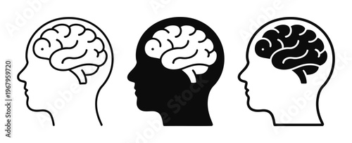 Three stylized human heads in profile, each with a brain depicted inside