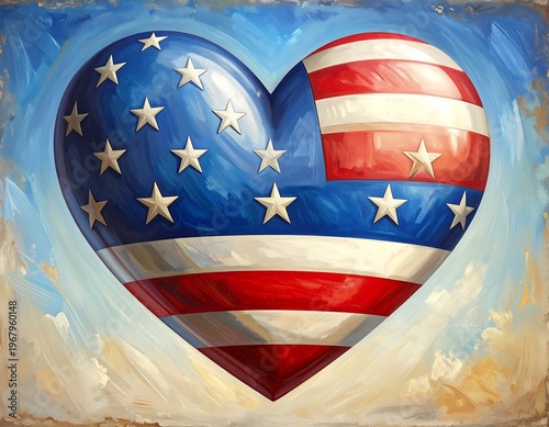 A heart-shaped graphic, painted to resemble the American flag against a warm sky background. It evokes patriotism and love