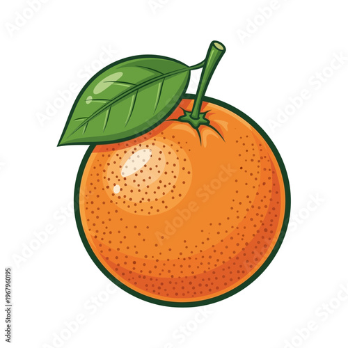 Vibrant orange fruit icon, citrus illustration, fresh produce symbol, green leafy stem