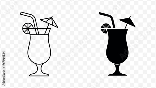 Minimalist line art and silhouette cocktail glasses with straws and umbrellas for drink menu design isolated on Transparent Background