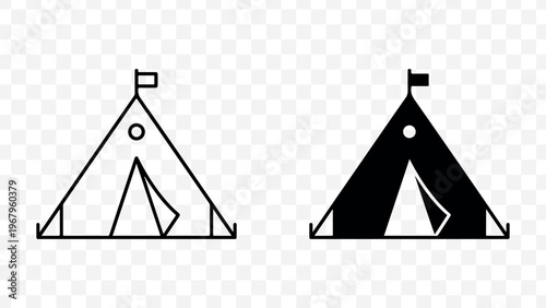 Minimalist black and white tent icons for outdoor adventure branding or camping website design isolated on Transparent Background