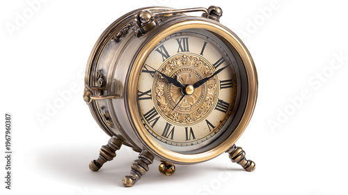 Vintage alarm clock with detailed engravings isolated on white